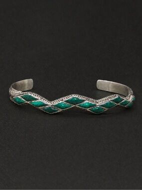 Southwest TAXCO Sterling Silver Malachite Zig Zag Cuff Bracelet